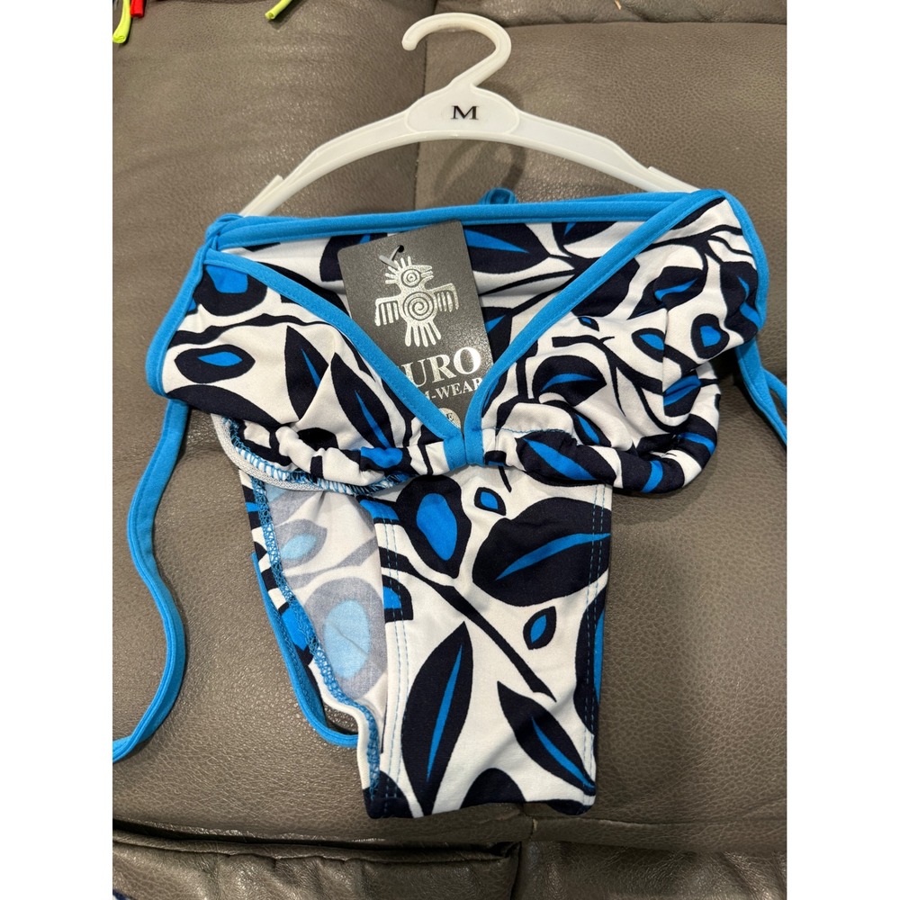 Uro Swimwear Blue White‎ Leaf Print String Bikini Set Triangle Top Tie Medium